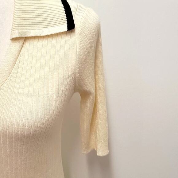 Duette NYC Cream w/Black Trimmed Collar Sweater Short Sleeved V-Neck Size XXS - Picture 6 of 8